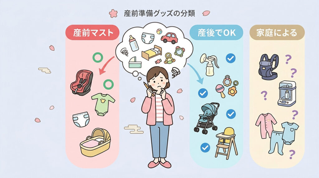 出産準備品を産前マスト・産後でOK・家庭による の3分類に仕分けるイメージ